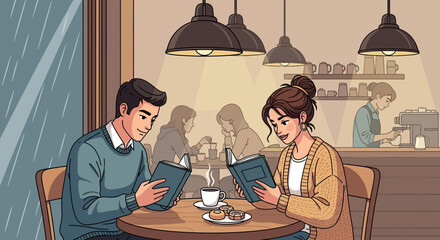 Obraz premium Couple Reading Books at Cozy Cafe on Rainy Day