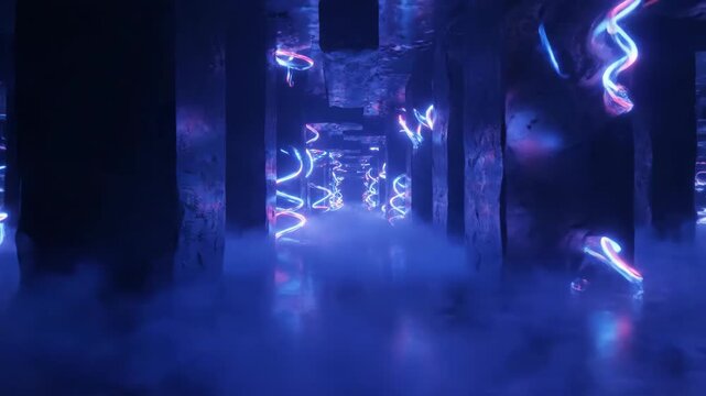 Futuristic neon lights illuminating dark corridor with glowing spirals