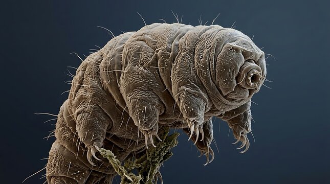 Examining a tardigrade micro‑organism in an extreme close‑up scanning electron microscope image, highlighting its segmented body, setae and resilience on a dark blue‑gray background