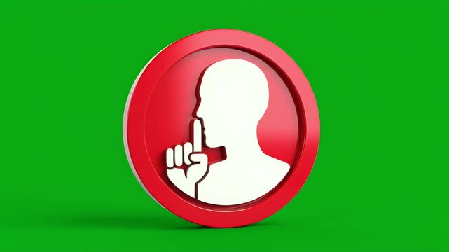 A red circle contains a white silhouette of a head with a finger to its lips