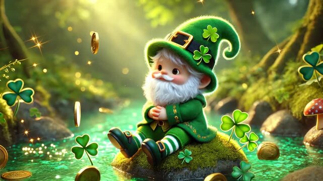 Cute gnome with green hat and green suit, white beard, shamrock and gold coin in magic fantasy forest beside glowing river for luck and holiday charm