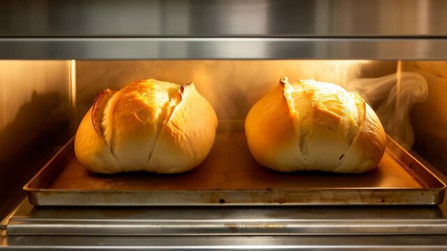Two golden brown artisan loaves of bread baking on a tray inside a professional oven. Warm orange light and soft steam create an appetizing, cozy atmosphere of fresh baking