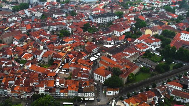 Aerial view of the downtown in the old town  of Guimaraes on a cloudy summer noon in Portugal