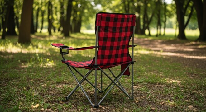 Red Plaid Camping Chair in a Forest Clearing.