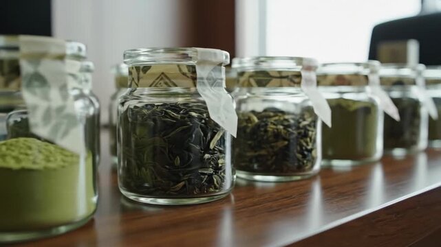 Rows of glass jars filled with various dried tea leaves and powders, samples for tasting and quality control on a wooden table