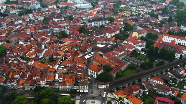 Aerial view of the downtown in the old town  of Guimaraes on a cloudy summer noon in Portugal