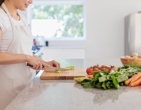 Culinary Craft: A woman prepares a colorful array of fresh vegetables in a bright, modern kitchen, embodying the essence of healthy cooking and mindful eating.