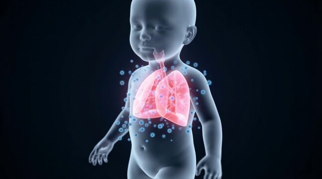 Microscopic 3D medical visualization of a translucent child model showing viral pneumonia spreading inside the lungs.
