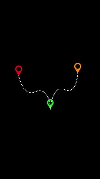 Mapping destination animation showing route direction with three distinct color location pins illustrating start, end, and intermediate points on black background, full hd footage
