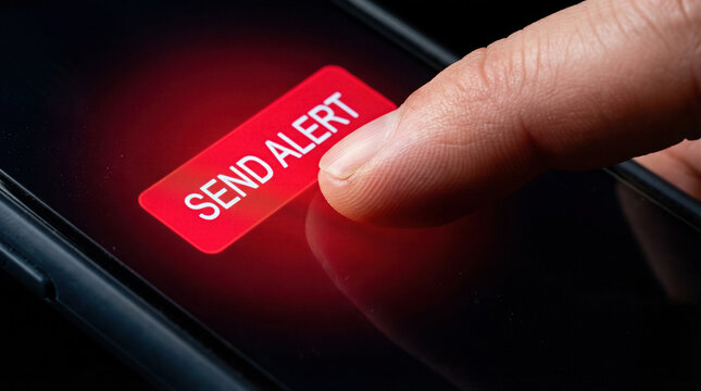 Finger pressing a red send alert button on a smartphone screen in the dark