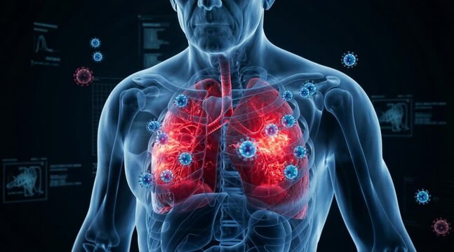 Futuristic 3D holographic animation of an elderly man revealing inflamed red lungs attacked by virus particles.
