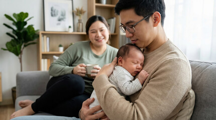 Obraz premium A tender moment between a father and his newborn baby while his mother relaxes on the sofa in the background with a cup of coffee