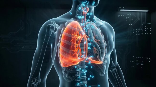 Anatomical representation of the human respiratory system showing the lungs in red with blue particles circulating within the body structure