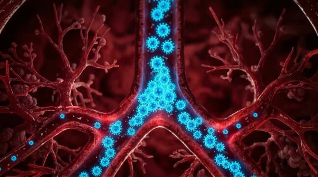 Dynamic microscopic visualization of pathogens or vital substances navigating intricate biological pathways within an organism's internal system