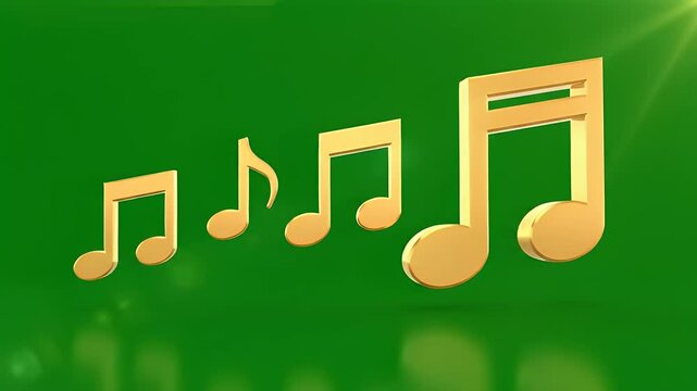 Golden musical notes ascending on a vibrant green background with light effects