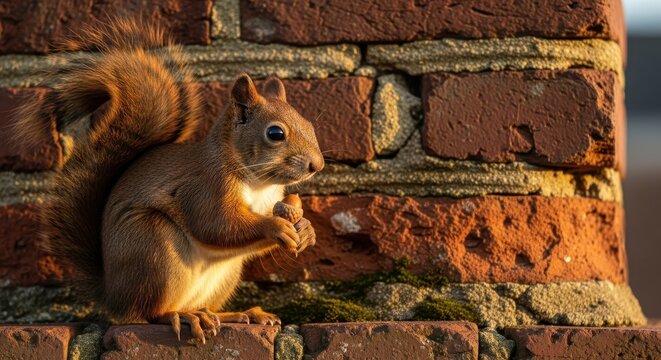 Red Squirrel Perched on Brick Wall Eating Nut.