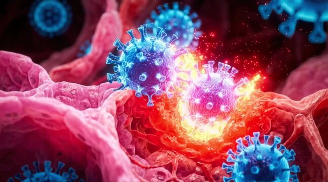 Dynamic Microscopic Representation of Viral Pathogens within Biological Tissue, Showcasing Intensive Cellular Interaction and Potential Immune System Response