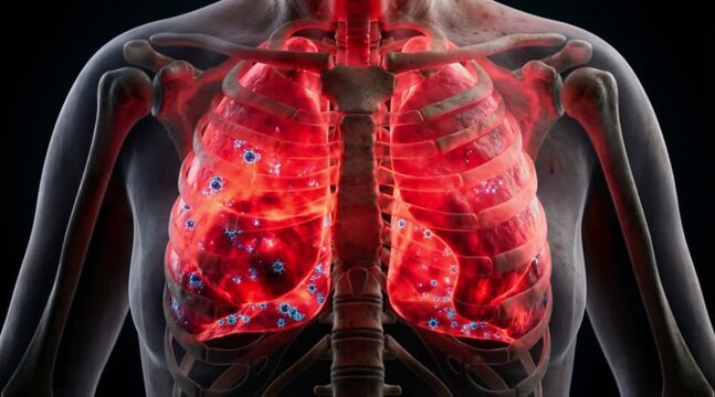 3D Medical Illustration of the Human Respiratory System Depicting Diseased Lungs and Thoracic Cavity with Pathological Anomalies