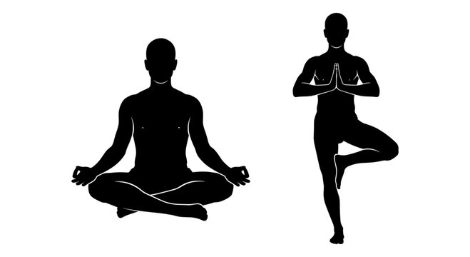 Two classic yoga poses demonstrated in a simple black and white illustration Vector, illustration