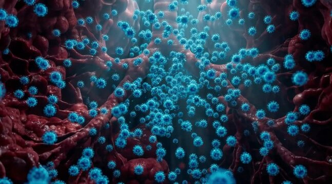 Dynamic microscopic illustration depicting numerous viral particles infiltrating biological tissue, symbolizing disease progression and potential immune response within an organic system