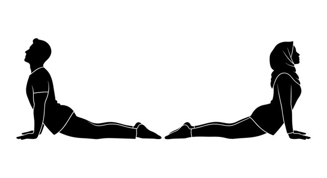 Illustration of a person performing a cobra stretch yoga pose on their stomach. Vector, illustration