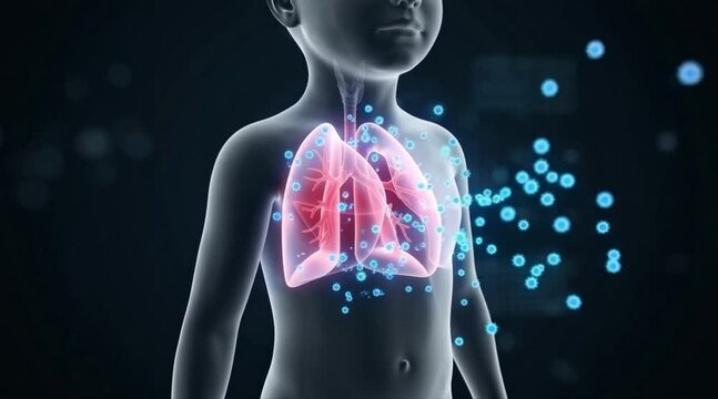 Scientific visualization of a child's respiratory system with glowing lungs and circulating particles, illustrating lung health, infection, or medical processes