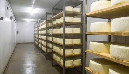 Obraz premium Cheese wheels aging in dairy factory maturing room