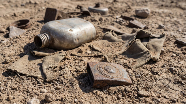 Weathered military artifacts scattered across arid ground, featuring a canteen and an ornate belt buckle.