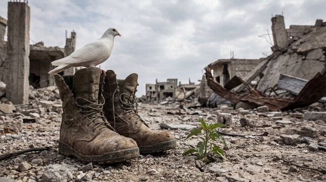 A white dove of peace perched on muddy combat boots, with a new plant in a war-torn city.