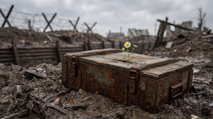 Fototapeta premium Delicate daisy emerges from a rusty ammunition box, symbolizing hope and peace in a war-torn trench.