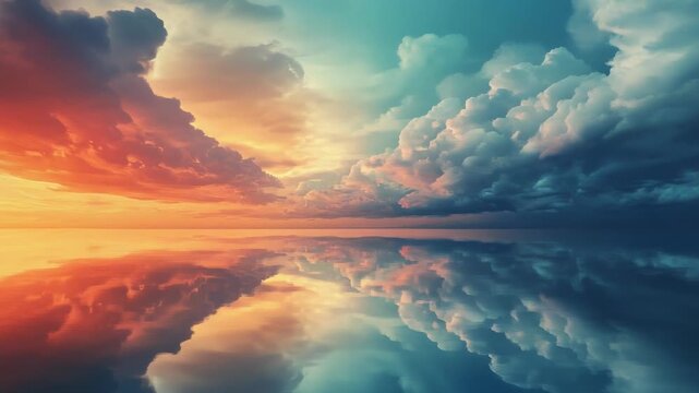Sky's reflection in tranquil water vibrant orange, blue, white clouds mirrored in the serene surface
