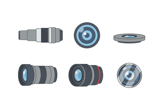 Professional Camera Lens Collection for Photography and Video Production, Various Focal Length Lenses and Optics View Icons Vector Illustration