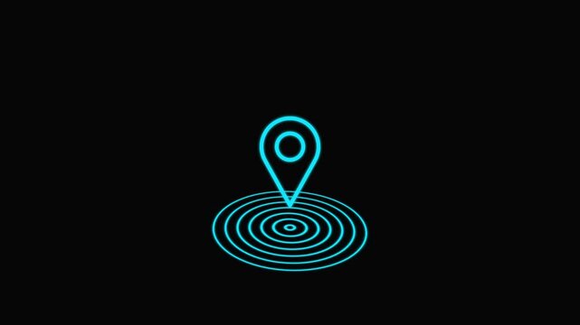 Abstract location icon with radio wave signal and neon animation 4k video. Black background animation.