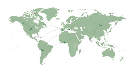 Obraz premium Global flight routes and air travel network on a green world map with destination points and airplanes