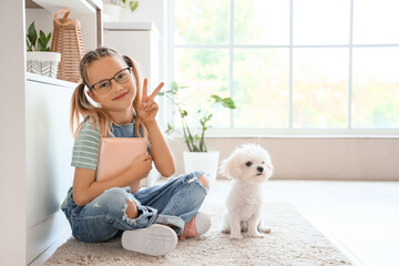 Fototapeta premium Cute little happy girl with Maltese dog and book sitting on floor in kitchen