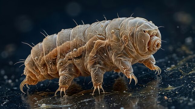 Extreme close-up microscopic organism study of a light-brown mite with detailed exoskeleton, eight legs, and reflective surface on a dark wet background, captured by high-magnification microscope