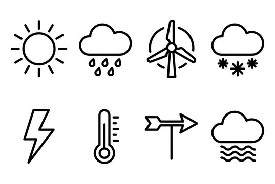 Weather and Meteorology Line Icons Set Including Sun, Rain, Wind Turbine, Snow, Lightning, Thermometer, Wind Vane and Foggy Cloud Vector Symbols