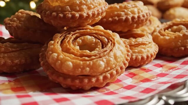 Stack of golden fried rosette cookies drizzled with honey on a red and white checkered cloth, festive holiday treat