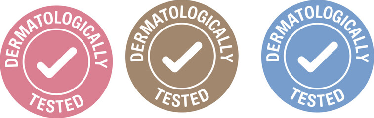 Set of three dermatologically tested vector stamps with checkmarks in pink brown and blue for cosmetic product packaging © MdLabib