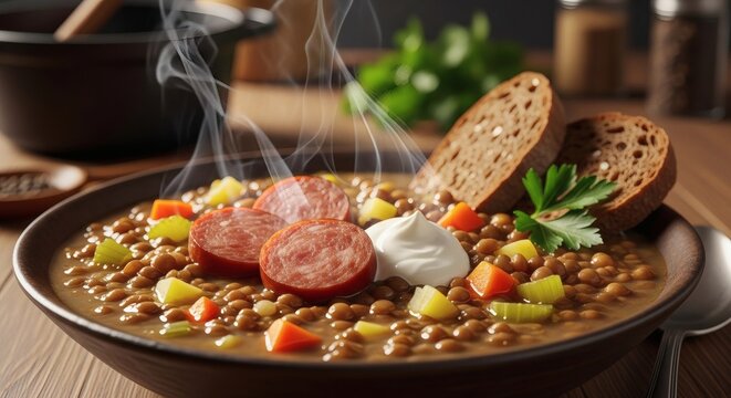 German Lentil Soup with Sausage Slices and Bread, Photorealistic Hearty Rustic Bowl Food Photography