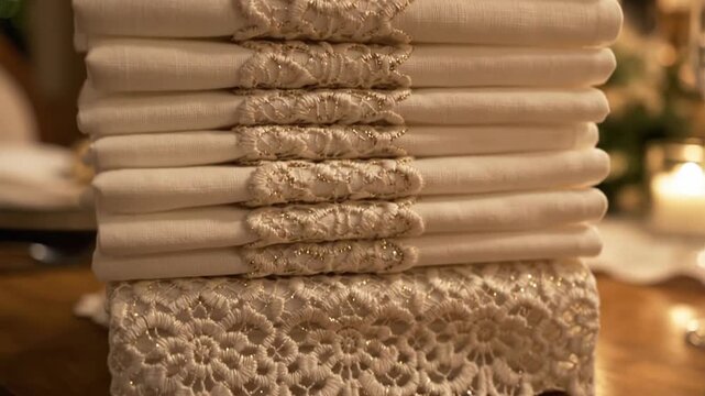 Stack of neatly folded white cloth napkins with ornate gold glitter lace trim, elegantly set for a formal dining occasion with soft bokeh background lights
