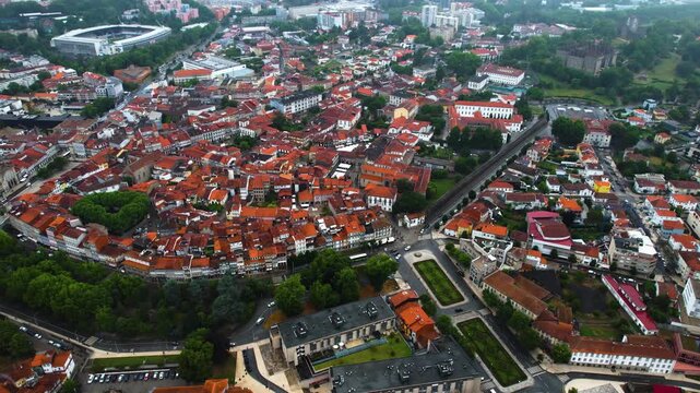 Aerial view of the downtown in the old town  of Guimaraes on a cloudy summer noon in Portugal
