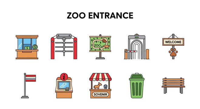 Zoo entrance icon set showing ticket booth turnstiles map security gate sign flag kiosk shop bin and bench