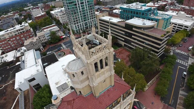 Urban Church Vista. Panoramic View Of City Church. City Skyline With Historic Church And Tower. Broad Perspective Showcasing Historic Church And Cityscape With Red Tiled Spire