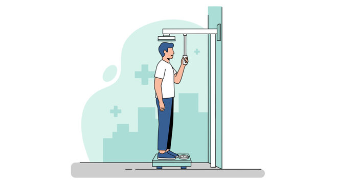 Man measuring height and weight on medical scale in clinic, health checkup concept