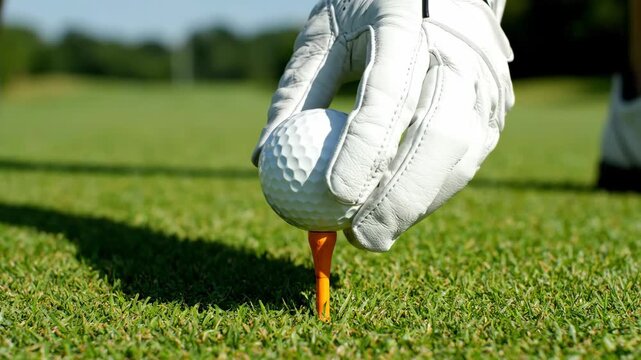 Golfer's hand in glove places golf ball on tee on course