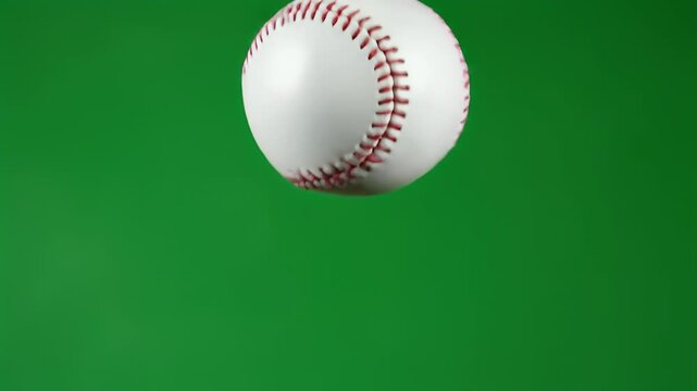 A close-up, slightly blurred view of a white baseball with red stitching against a solid green backdrop