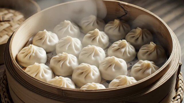 Steaming dumplings in a bamboo steamer basket, traditional Asian cuisine, delicious food preparation, appetizing close-up