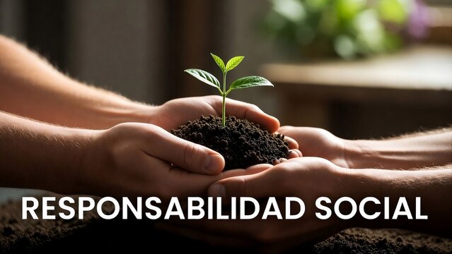 Manos sosteniendo una planta joven con texto Responsabilidad Social
