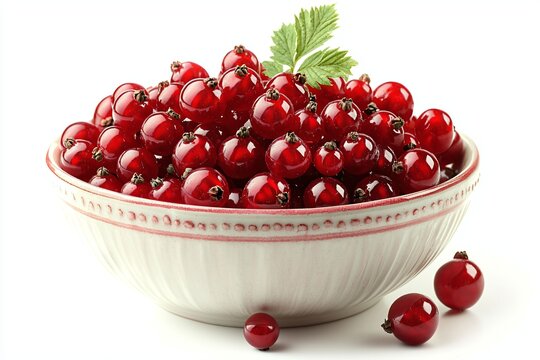 Fresh Red Currants in White Bowl with Green Leaf Decoration